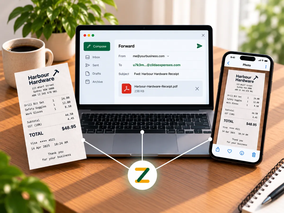 A desk with a paper receipt from a hardware shop, a laptop showing that receipt being forwarded by email, and a phone showing a photograph of it — all three joined by lines to the Zilda mark.